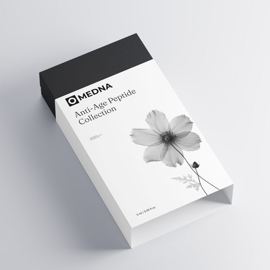 A rectangular product box for MEDNA Anti-Age Peptide Collection, shown at an angle on a light gray background. The box is white with a black top flap and a grayscale flower illustration on the front.