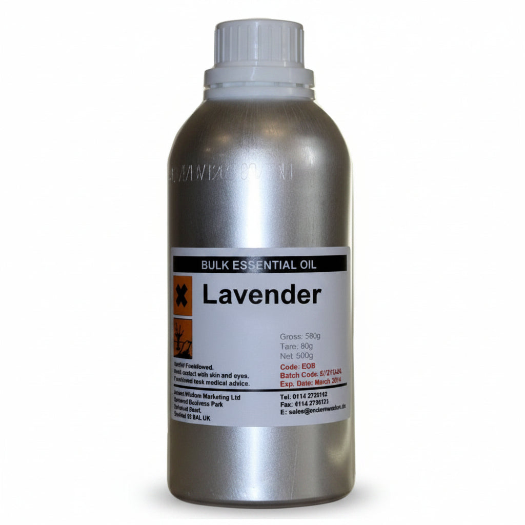 Bottle of lavender essential oil on a white background
