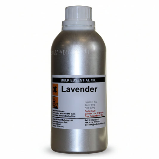 Bottle of lavender essential oil on a white background
